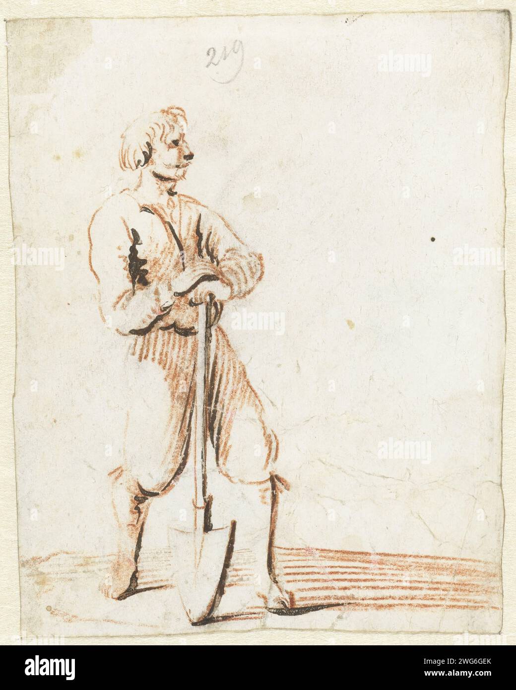 Man leaning on a scoop, 1649 drawing  Zwolle parchment (animal material). ink. chalk. deck paint. gouache (paint) painting Stock Photo