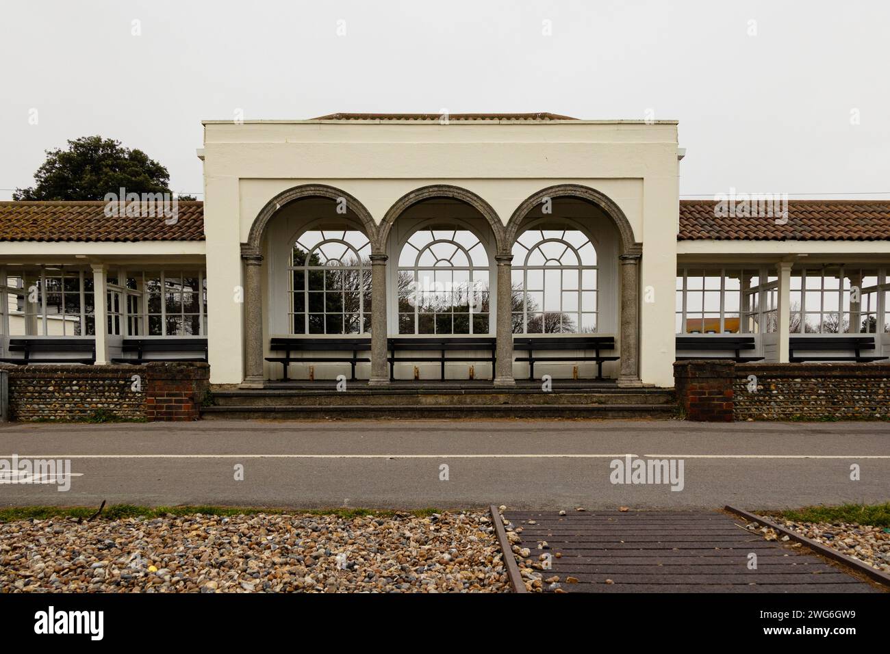 Shelter along the prom at Worthing, West Sussex, UK, 2024 Stock Photo