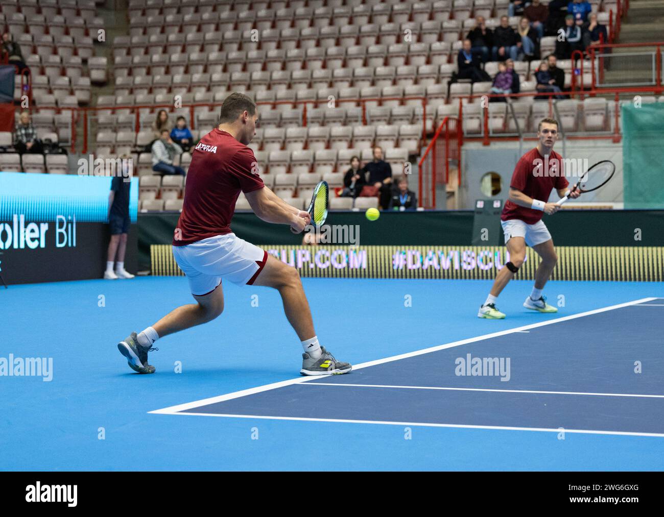 Gjovik, Norway. 03rd Feb, 2024. Gjovik, Norway, February 3rd 2024: Martins Rocens (Latvia) in action during the Davis Cup World Group 1 Play offs tennis game between Norway and Latvia at Gjovik Olympic Cavern Hall, Norway (Ane Frosaker/SPP) Credit: SPP Sport Press Photo. /Alamy Live News Stock Photo