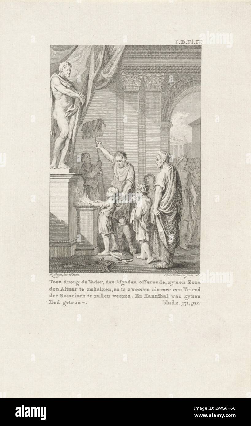 Hannibal as a child swears against the Romans, Reinier Vinkeles (I), after Jacobus Buys, 1780 print The child Hannibal swears against the Romans, with an altar with a classic image. Next to him his father Hamilcar Barkas. At the top right: i.d.pl.iv. Bottom right: page 371-372. Amsterdam paper etching / engraving altar  non-Christian religions. swearing allegiance to a ruler (+ variant) Stock Photo