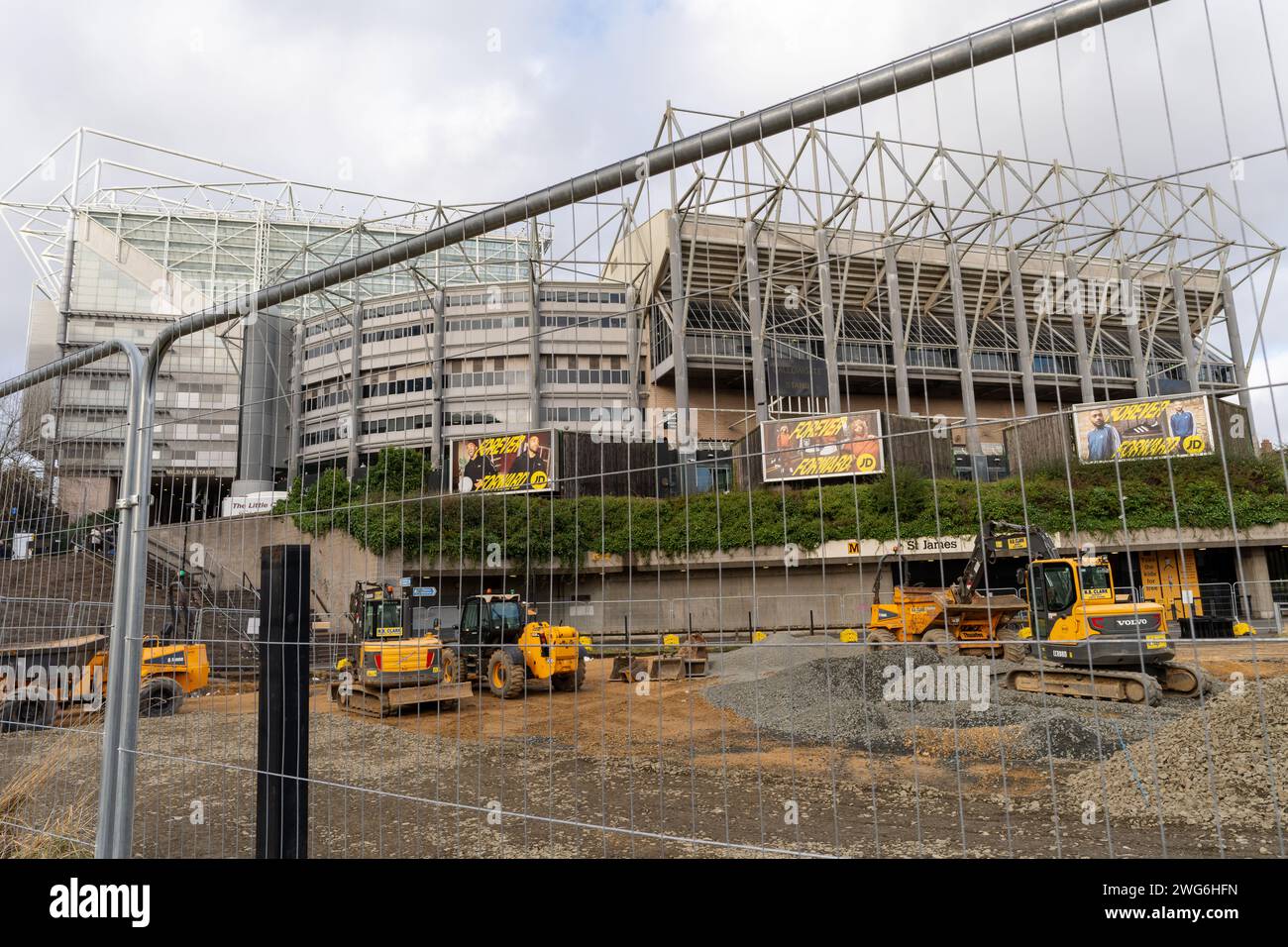 Newcastle upon Tyne, UK. 3rd February 2024. Newcastle United's St James' Park stadium, ahead of today's Premier League men's team match, showing the area in front of the stadium where work has begun on a Fan Zone. Credit: Hazel Plater/Alamy Live News Stock Photo