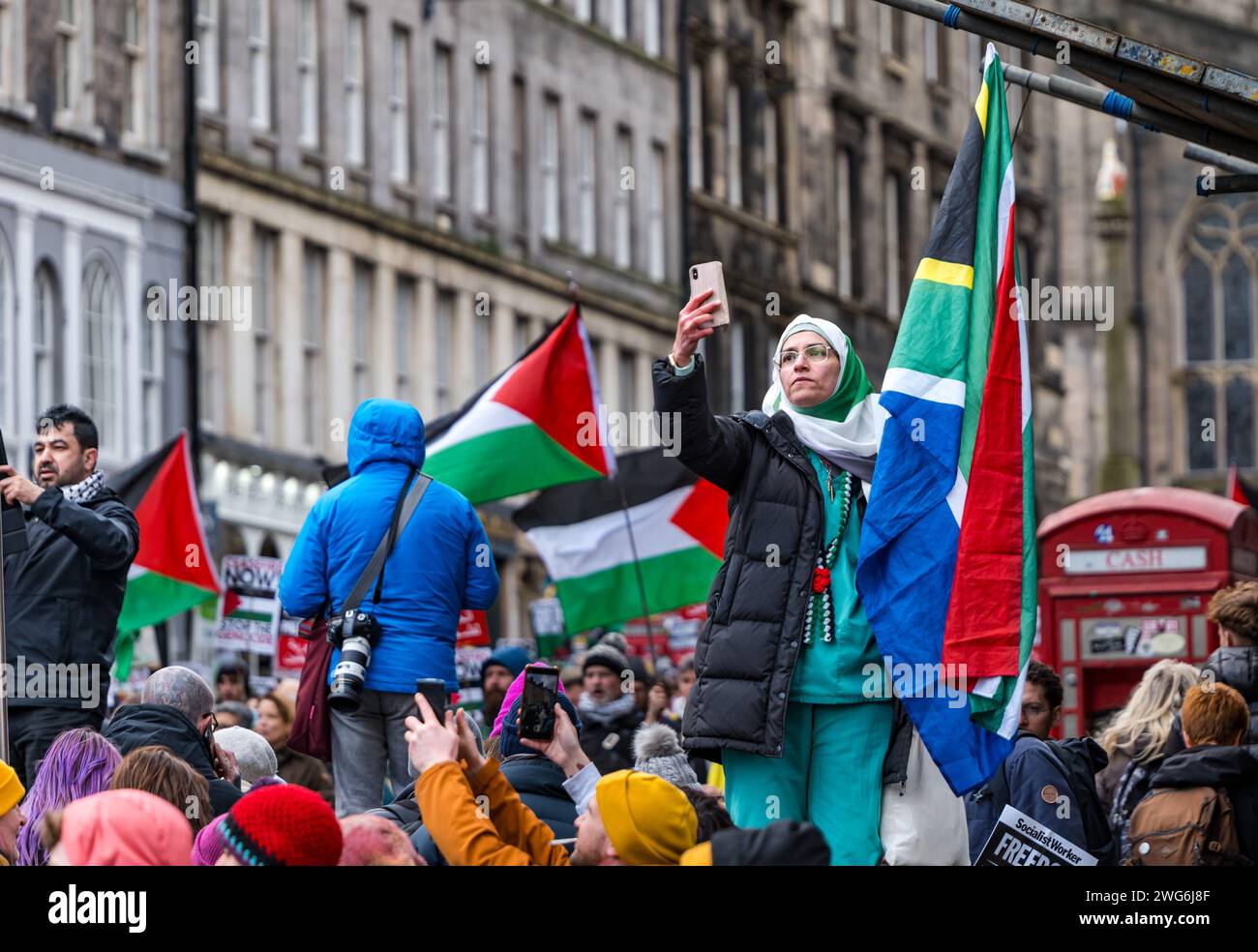 Royal Mile, Edinburgh, Scotland, UK, February 3rd 2024. Pro Palestinian March: Hundreds of people march in a protest waving Palestinian flags in a demonstration against Israel organised by the Scottish Palestine Solidarity Campaign. Credit: Sally Anderson/Alamy Live News Stock Photo