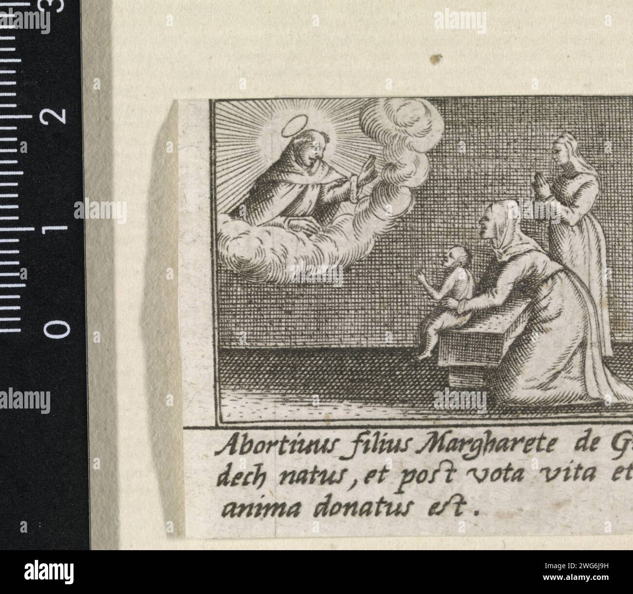 Presentation of a young child on the Holy Hyacinthus van Polen, Anonymous (Possibly), Johann Sadeler (I) (Possible), 1595 - 1600 print Two women present a child to the H. Hyacinthus van Polen who appears in the clouds. The print is part of an eighteen -part series that forms a frame around an image of the H. Hyacinthus van Polen. Venice paper engraving the Dominican friar Hyacinth(us) of Poland; possible attributes: book, lily, monstrance (or ciborium), statue of the Virgin - posthumous deeds, appearances of male saints. monk(s), friar(s). mother and baby or young child Stock Photo