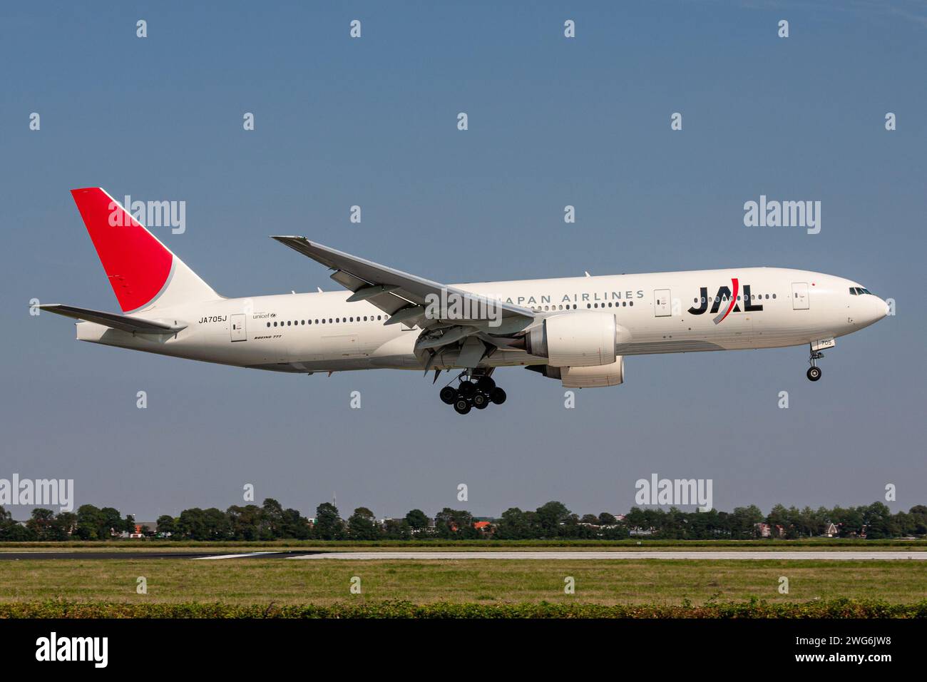 JAL Japan Airlines Boeing 777-200 with registration JA705J on short final for Amsterdam Airport Schiphol Stock Photo