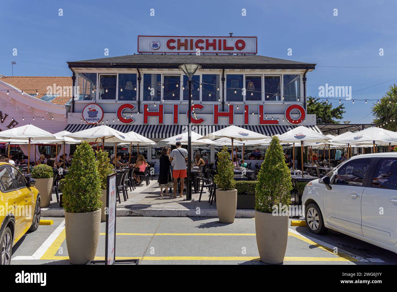 Mar del Plata, Argentina - January 15th, 2024: Facade of the Chichilo restaurant in the port of Mar del Plata. Stock Photo