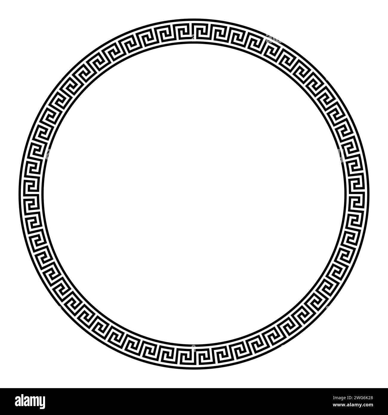 Large meander circle frame, with seamless Greek key pattern. Decorative border with Greek fret motif, constructed from continuous lines. Stock Photo