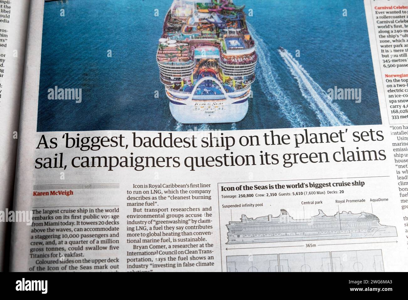 As 'biggest, baddest ship on the planet' sets sail, campaigners question its green claims' Guardian newspaper headline greenwashing article London UK Stock Photo