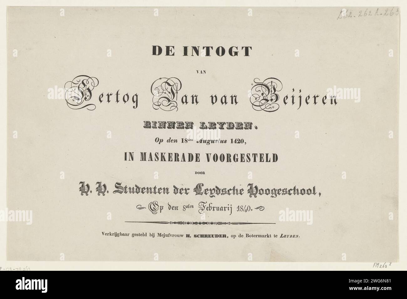 Title page for the press series, 1840 print Title page for the press series of the Maskerade of the entry of Hertog Jan van Beieren in Leiden on August 18, 1420 by the Leiden students on 8 February 1840. Leiden paper letterpress printing  To lead. university of Leiden Stock Photo