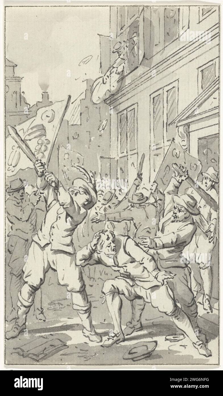 Volksvergerd in Alkmaar during the cheese and bread riot, 1492, Jacobus Buys, 1783 - 1785 drawing Uprising of the cheese and bread people in Alkmaar, 1492. Looting of the house of the steward Klaas Korf and killing his servant. Design for a print.  paper. ink pen / brush street-fights, riots. violent death, being killed; being mishandled and maltreated; seeking death. historical events and situations Alkmaar Stock Photo