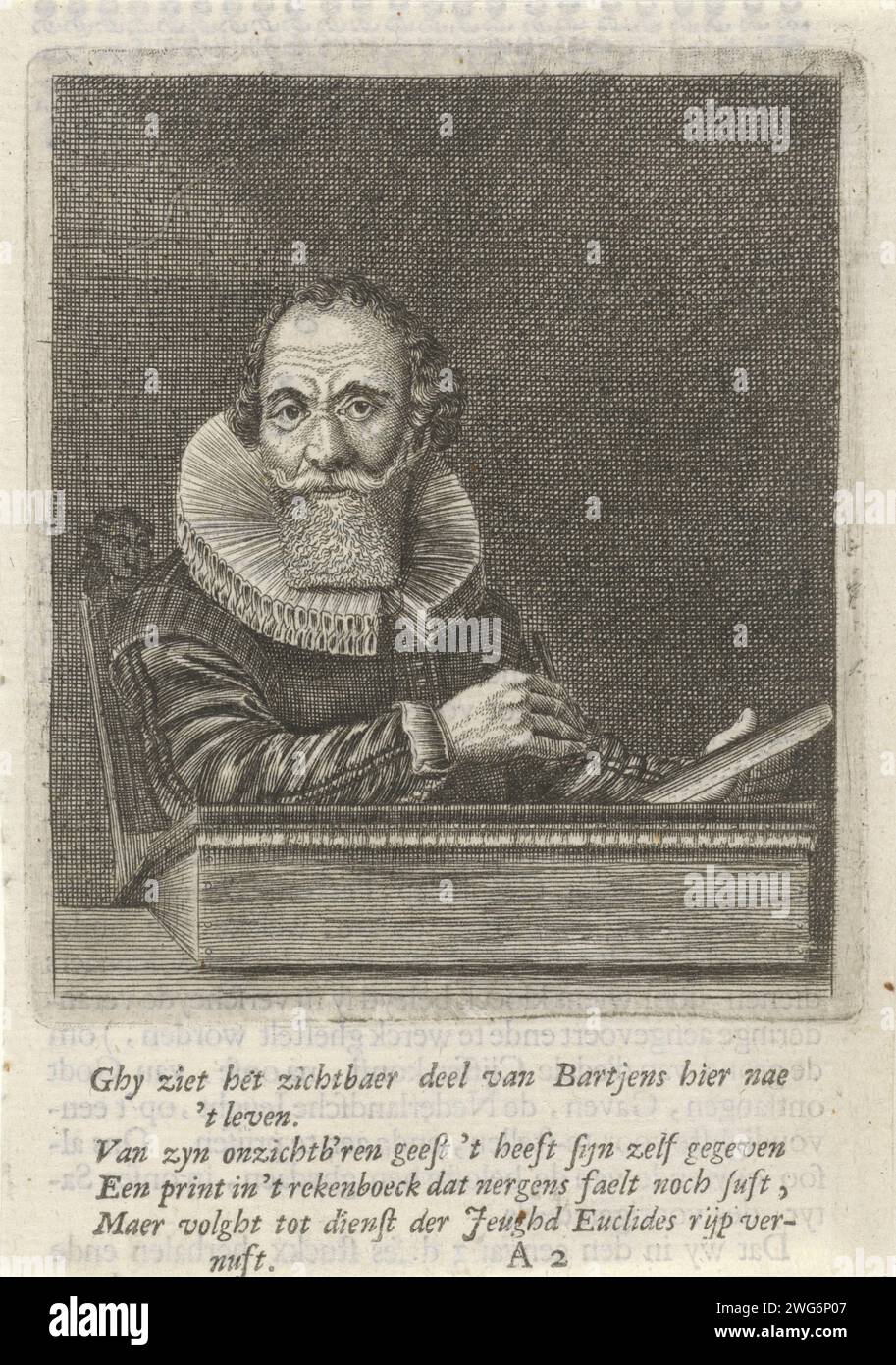 Portrait of the mathemer Willem Bartjens, Anonymous, After Salomon Savery, after Pieter Dubordieu, 1636 - 1715 print Print under the fresh marked: A 2. Amsterdam paper engraving / etching / letterpress printing Stock Photo