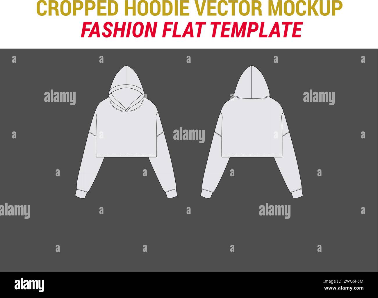 Cropped Hood Vector Fashion Flat Sketch Template Oversize Crop Hoodie Sweat Cropped Hoodie Template Hoodie Mockup Cropped Sweatshirt Hoodie Design Stock Vector