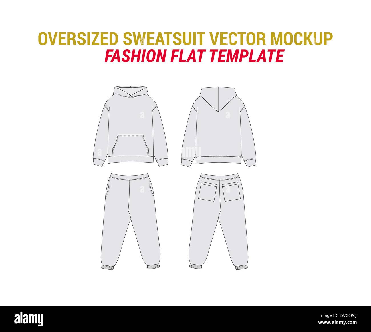 Oversized Sweatsuit Vector Mockup Vector Sketch of Hoodie Sweatpants Joggers with Pockets Tracksuit Mockup with Pajamas Joggers Technical Drawing Stock Vector