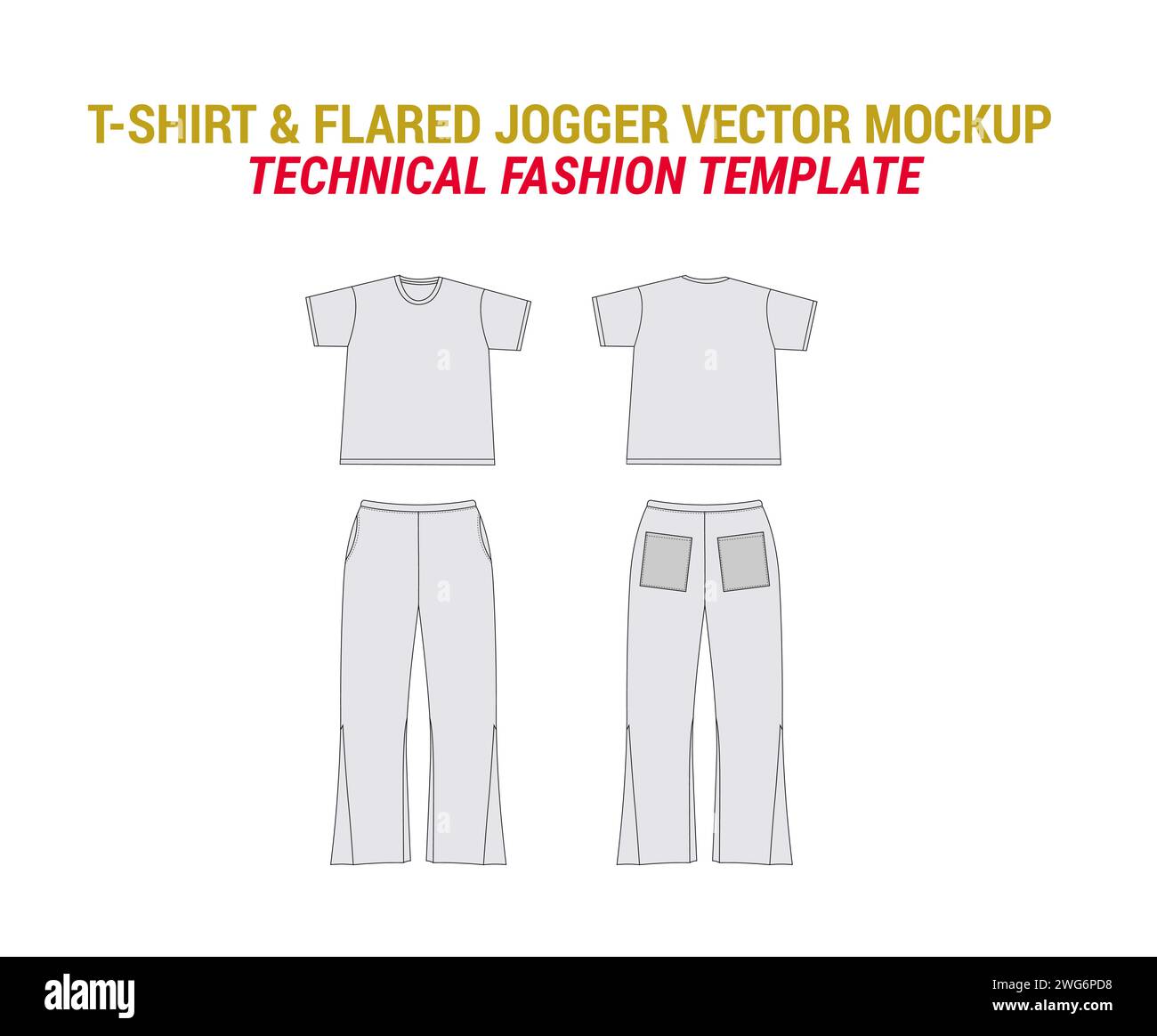 T-Shirt Flared Joggers Vector Mockup Joggers Fashion Flat Illustration Tee Shirt with Flared Jogger Flat Sketch Vector Template Stock Vector