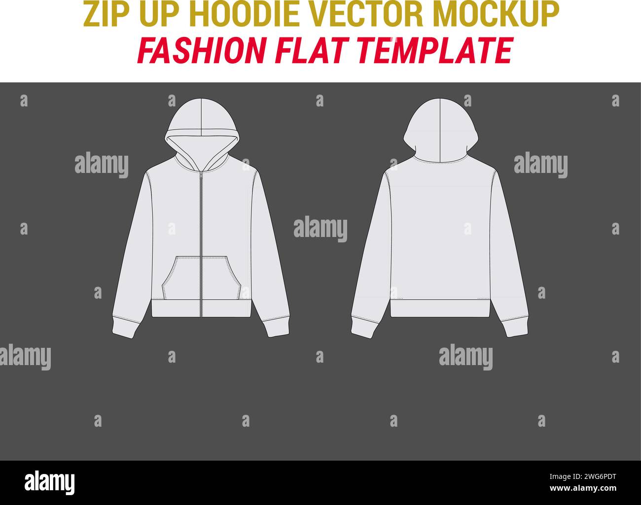 Streetwear Zip Up Hoodie Fashion Vector Mock-up Template Zip Hoodie Flat Illustration Unisex Sweatshirt Women Men Hoodie Vector Illustration Zip Up Stock Vector