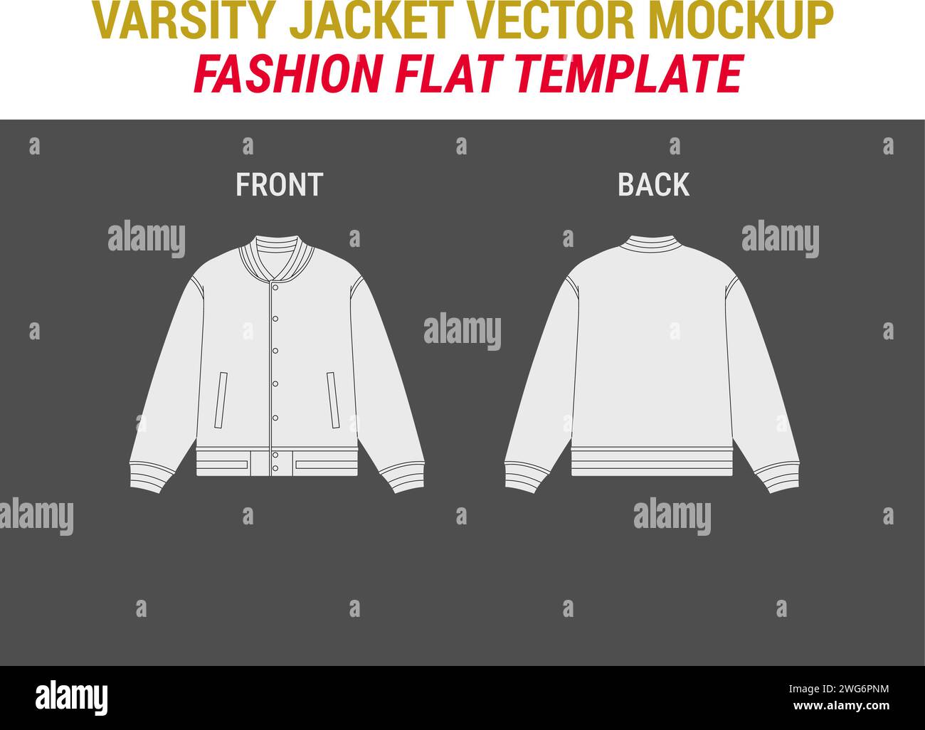 Varsity Jacket Fashion Flat Template Bomber Jacket Flat Vector Illustration Varsity Jacket Mockup Letterman Jacket Flat CAD Mockup Stock Vector