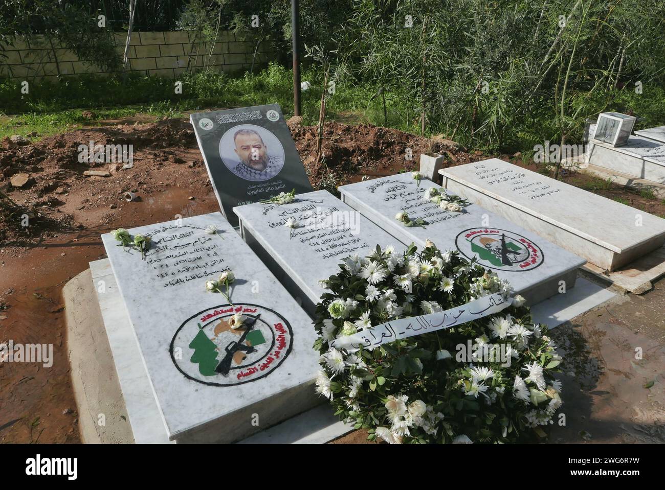 The grave of Hamas' top political leader Saleh Arouri is seen in the