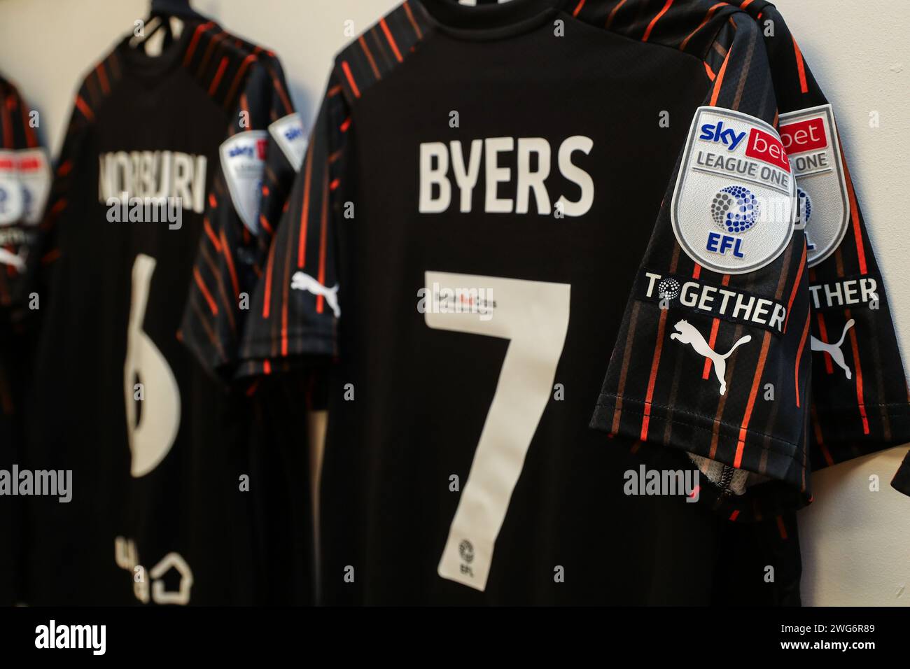 The third shirt of new signing George Byers of Blackpool ahead of the Sky Bet League 1 match Stevenage vs Blackpool at Lamex Stadium, Stevenage, United Kingdom, 3rd February 2024  (Photo by Gareth Evans/News Images) Stock Photo