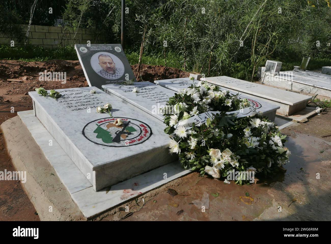 Beirut, Lebanon. 03rd Feb, 2024. The grave of Hamas' top political leader Saleh Arouri is seen in the Palestinian cemetery near Shatila Camp, Beirut, Lebanon, on February 3 2024. Arouri was killed on January 2 2024 during a strike on a Hamas office in the Dahiye, the shiite southern suburb of Beirut. Along with Arouri were killed other 6 Hamas' and Qassam Brigades' officials and bodygards, 2 of which are buried near his grave. (Photo by Elisa Gestri/Sipa USA) Credit: Sipa USA/Alamy Live News Stock Photo