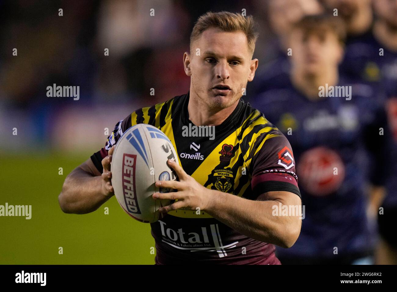 Warrington, UK. 03rd Feb, 2024. Brad Dwyer of Warrington Wolves warms ...