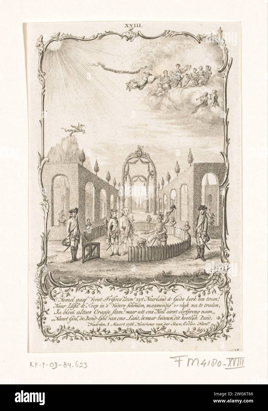 Decoration on the house of Mr. H. van der Souw in Naarden, 1766, 1774 - 1776 print Decoration applied to the house of the pastor Henricus van der Souw in Naarden. Panel with the prince at the Dutch Virgin in the Dutch garden. With four -line verse. On the occasion of the majority of Prince Willem V on March 8, 1766. Numbered at the top: XVIII. Northern Netherlands paper etching / engraving public festivities (+ festive decoration  festive activities). fenced or walled garden; 'Hortus Conclusus' Naarden Stock Photo