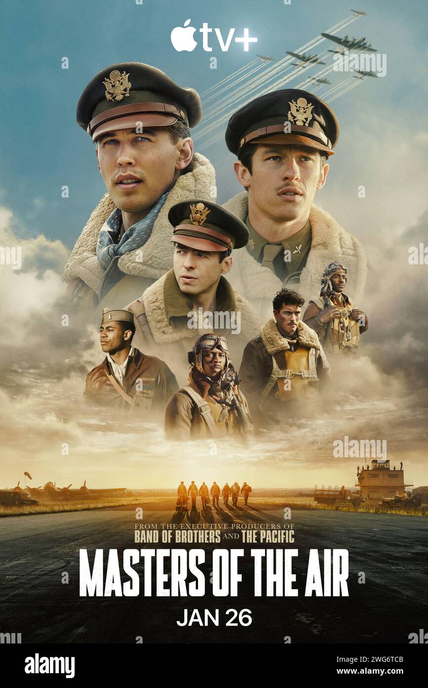 Masters of the Air (2024) TV mini series created by John Orloff and starring Austin Butler, Callum Turner and Barry Keoghan. During WWII, five miles above the ground and behind enemy lines, ten men inside a bomber known as a 'Flying Fortress' battle unrelenting flocks of German fighters. Editorial use only, mandatory credit: Media Associates / AppleTV+ Stock Photo