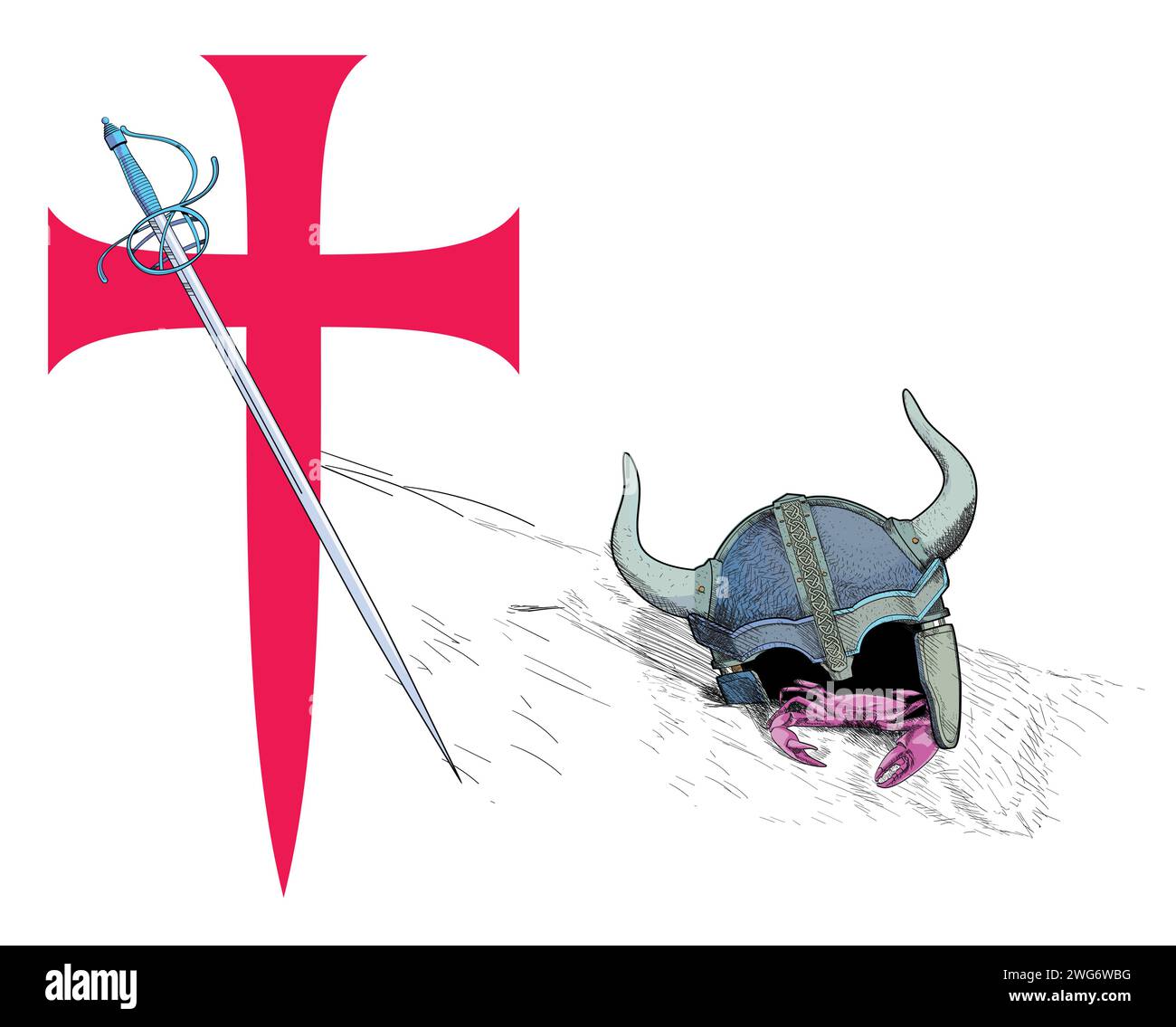 T-shirt design of a large medieval cross next to a sword and a fallen horned helmet. Illustration on themes of knights errant. Stock Vector