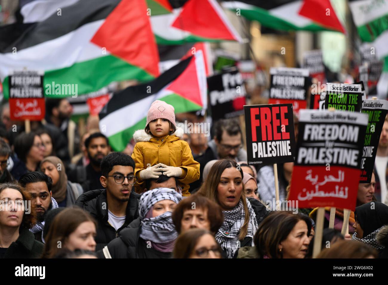 London, UK. 3rd February 2024: Thousands  of pro-Palestine protesters march through central London today demanding an end to the ongoing conflict in Gaza. The conflict has killed an estimated 27,000 people. According to the Red Cross 80% faces emergency or catastrophic food insecurity. Credit: Justin Griffiths-Williams/Alamy Live News Stock Photo