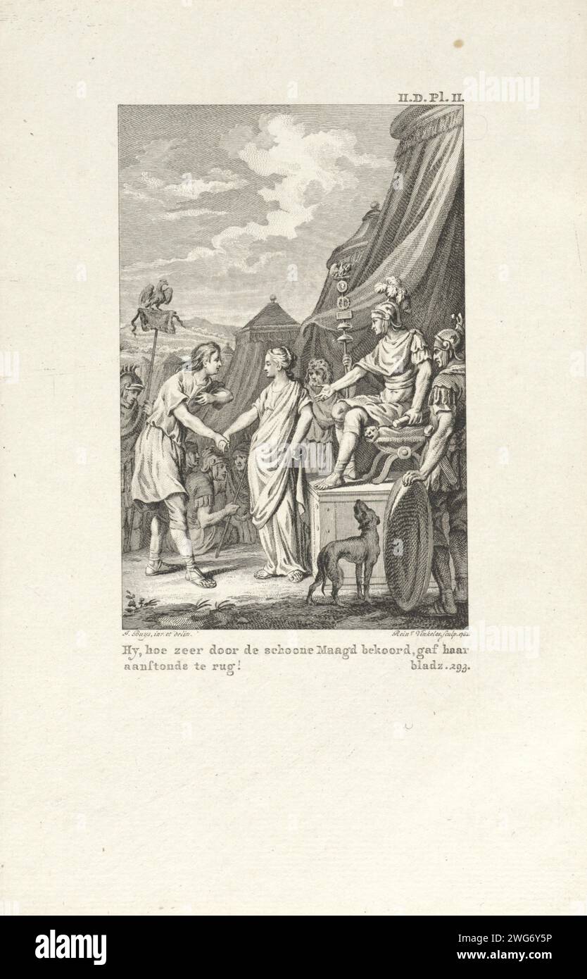 Scipio en de Bruid van Numantia, Reinier Vinkeles (1), after James Buys, 1781 print The Roman General Publius Cornelius Scipio Africanus Maior gives a beautiful prisoner back to her fiancé after the conquest of Carthage. At the top right: II.D.PL.II. bottom right: p.93. Amsterdam paper etching / engraving (military) camp with tents. adolescent, young woman, maiden Stock Photo