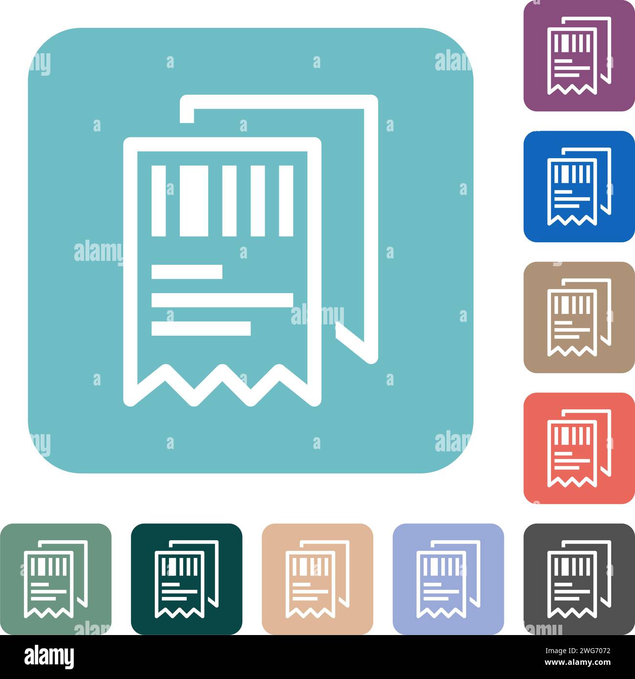 Two receipts with barcode outline white flat icons on color rounded square backgrounds Stock Vector
