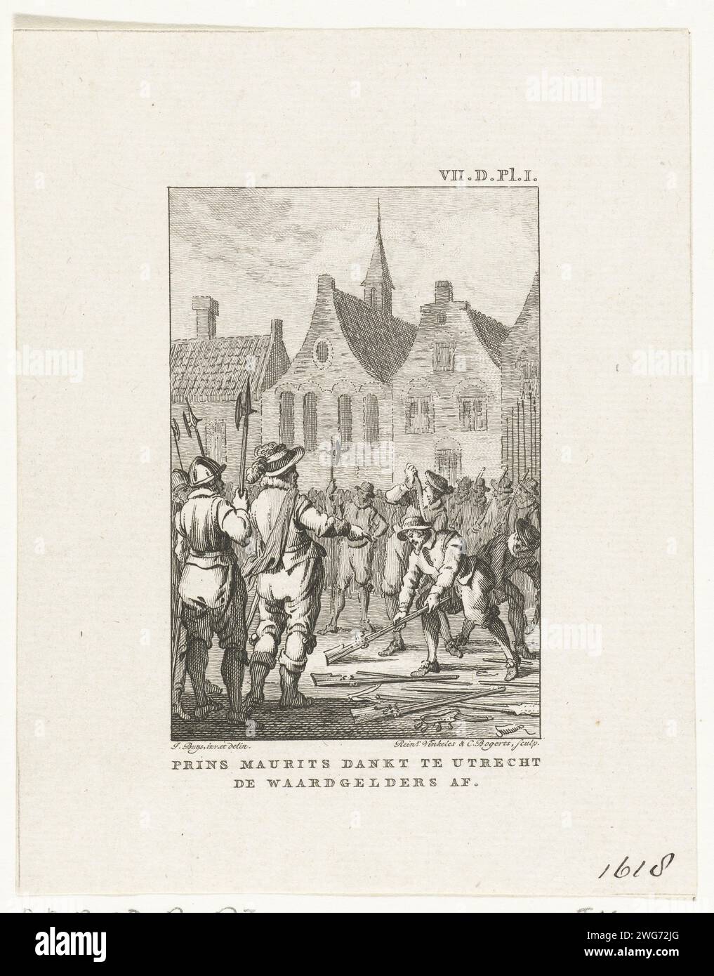 The disposal of the Waardgelders in Utrecht, 1618, 1780 - 1795 print The disposal of the Waardgelders on the command of Prince Maurits, on the Neude in Utrecht, July 31, 1618. The soldiers put their weapons on the ground at the feet of Prince Maurits. Netherlands paper etching assembling of military forces; mobilization, troop concentration, etc.. warfare; military affairs (+ mercenary troops, e.g.: lansquenets). demobilization Neud Stock Photo