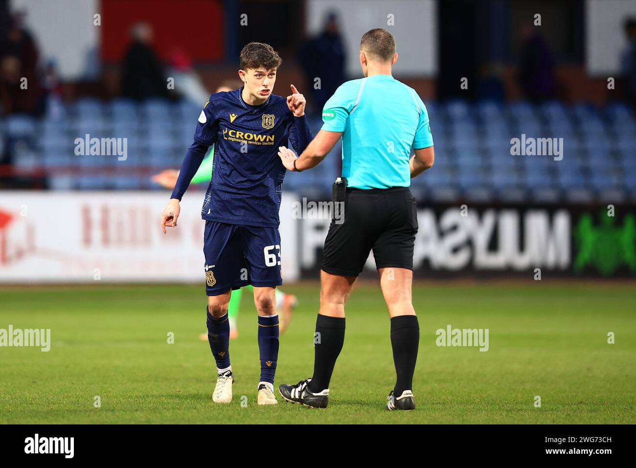 Dens Park, Dundee, UK. 3rd Feb, 2024. Scottish Premiership Football, Dundee versus Heart of Midlothian; Owen Beck of Dundee shows dissent to referee Graham Grainger at full time Credit: Action Plus Sports/Alamy Live News Stock Photo