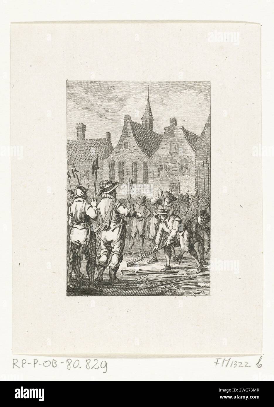 The disposal of the Waardgelders in Utrecht, 1618, 1780 - 1795 print The disposal of the Waardgelders on the command of Prince Maurits, on the Neude in Utrecht, July 31, 1618. The soldiers put their weapons on the ground at the feet of Prince Maurits. Netherlands paper etching assembling of military forces; mobilization, troop concentration, etc.. warfare; military affairs (+ mercenary troops, e.g.: lansquenets). demobilization Neud Stock Photo