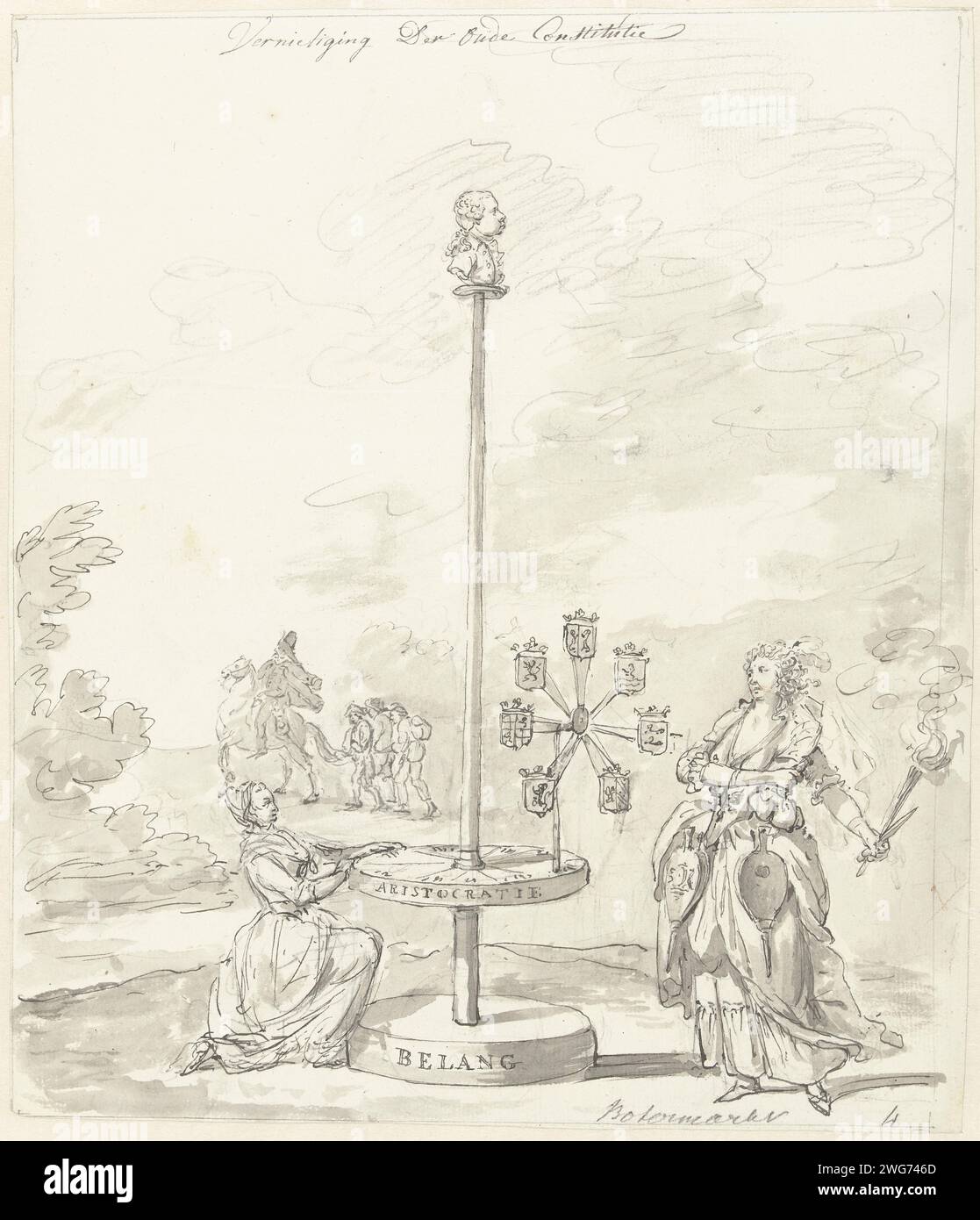 The destruction of the old constitution, decoration on the Botermarkt, 1795, Anonymous, 1795 drawing The envy standing with burning torch at the wheel of aristocracy. On top of a bust of Prince Willem V. in the background fleeing civilians. Not used design for the decoration 'Destruction of the old constitution' on the Botermarkt in Amsterdam at the Alliantie festival on June 19, 1795. Netherlands paper. ink. chalk pen / brush political caricatures and satires. the old government and its supporters (after revolution). alliance, league, union, foedus. festivities on events of national importanc Stock Photo