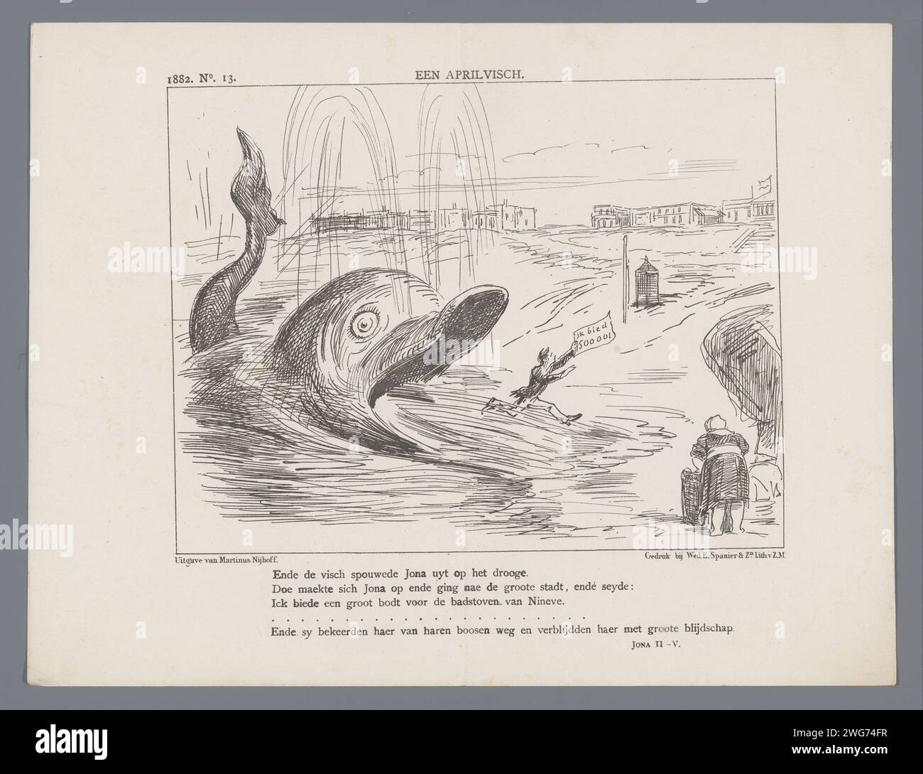 Political cartoon, 1882, 1882 print Political cartoon with a whale on the coast. Plaat appeared at the Weekblad De Nederlandsche Spectator, no. 13, 1882. print maker: Netherlandsprinter: Netherlandspublisher: The Hague paper  Jonah is swallowed by a great fish, (sea)monster, whale, dolphin, or the like Stock Photo