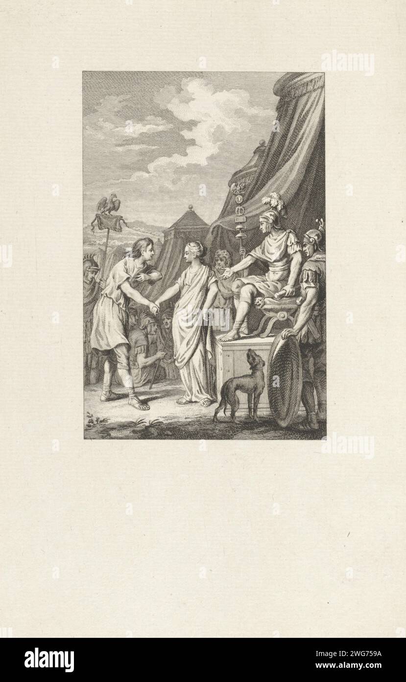 Scipio en de Bruid van Numantia, Reinier Vinkeles (1), after James Buys, 1781 print The Roman General Publius Cornelius Scipio Africanus Maior gives a beautiful prisoner back to her fiancé after the conquest of Carthage. Amsterdam paper etching / engraving (military) camp with tents. adolescent, young woman, maiden Stock Photo