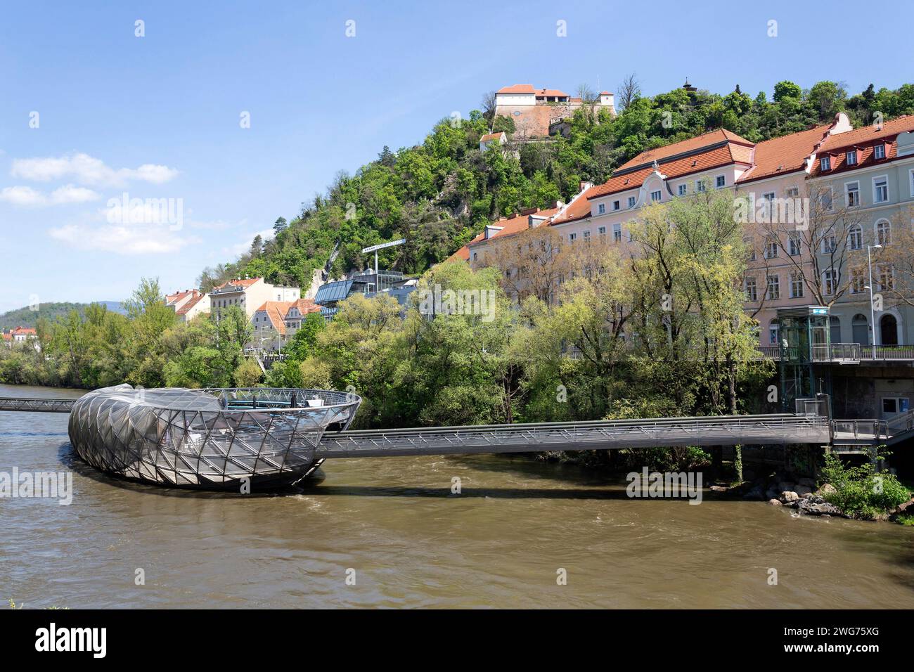 Murinsel With View To The Schlossberg, Graz, Styria, Austria Stock Photo