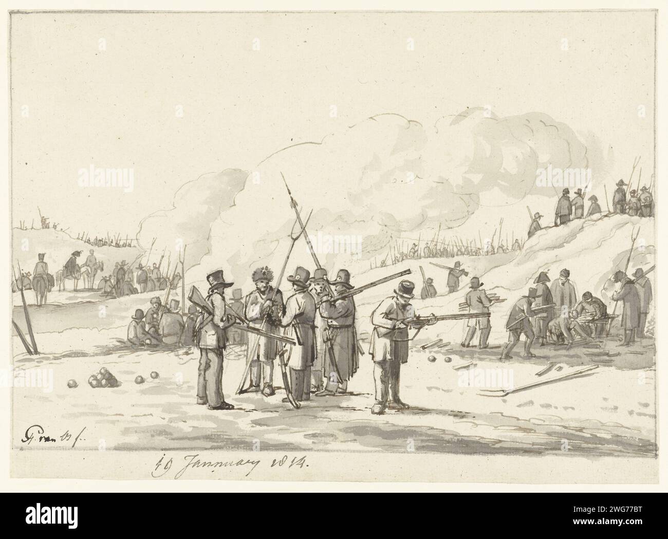 Camping of Burgers in Duinen van Noord-Holland, January 19, 1814, Pieter Gerardus van Os, 1814 drawing Camping of different armed citizens in Duinen van Noord-Holland, January 19, 1814. Groups stand or sit around a campfire. Possibly armed Gooise farmers who keep watch outside Naarden. Netherlands paper. ink. pencil pen / brush (military) camp with tents. dunes (sea not visible); in the dunes North Holland Stock Photo