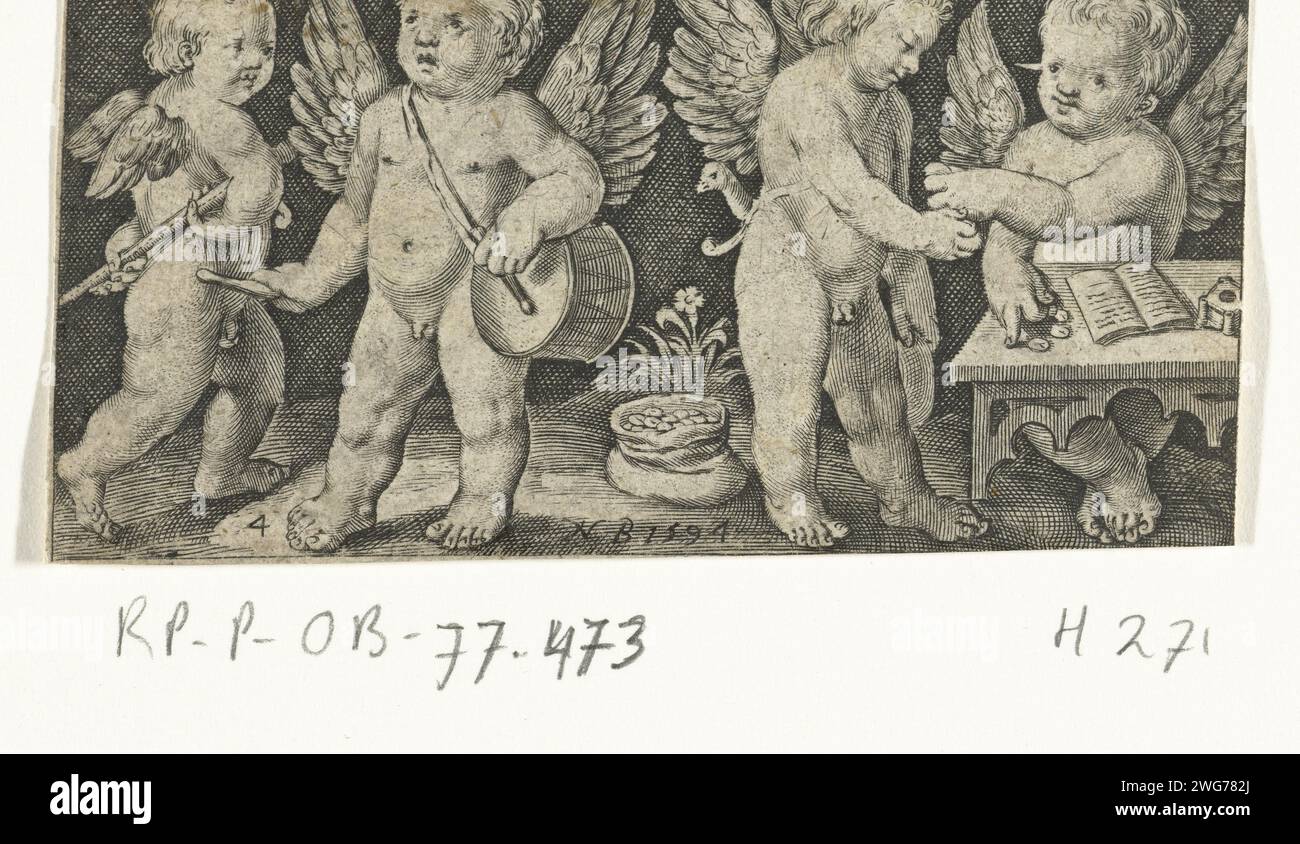 Two angels count money and two angels with junk and flute, 1594 print  Netherlands paper engraving Stock Photo