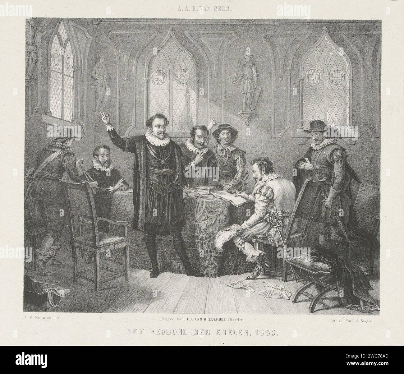 The Covenant of the Nobles, 1565, 1823 - 1894 print The Covenant of the Nobles on the castle of Hendrik van Brederode in Vianen, 1565. A few nobles collected around a table on which a document is drawn up. In the middle a standing man who takes an oath with a raised hand. print maker: Netherlandspublisher: Haarlem paper  alliance, league, union, foedus. swearing an oath (with two fingers raised) Stock Photo
