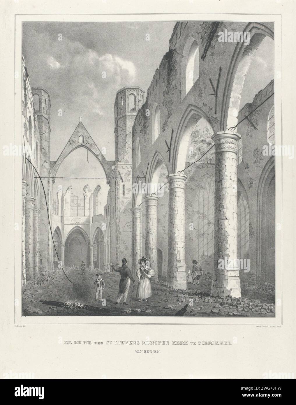 Ruin of the Sint-Lievensmonsterkerk in Zierikzee, after the fire of 1832, 1832 print Ruin of the Sint-Lievensmonsterkerk in Zierikzee, after the fire of October 6, 1832. Face in the interior to where the organ stood. See also the pendant with the church in welfare before the fire. Print Maker: Zierikzee chart Drawing by: Zierikzeeprinter: Dordrecht paper  ruin of church, monastery, etc. Sint-Lievensmonsterkerk Stock Photo