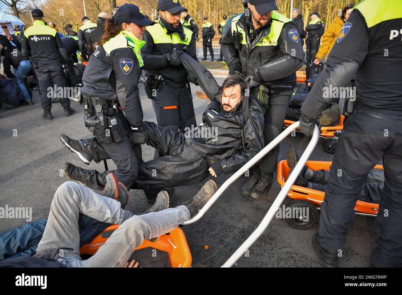 The Hague,The Netherlands,3rd of february.2024.About a thousand Extinction Rebellion activists protested by blocking the A12 motorway for the 36th time. Credit:Pmvfoto/Alamy Live News Stock Photo
