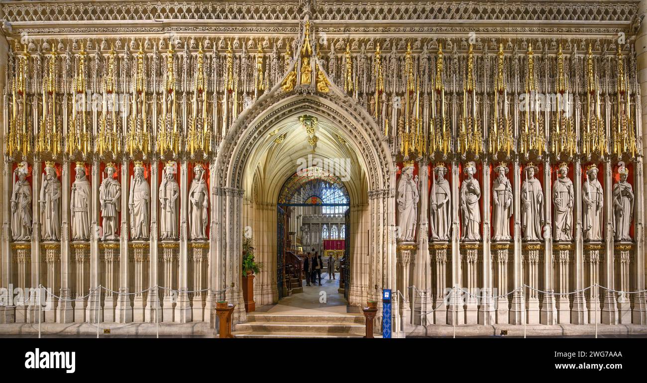 The Kings' Screen (Choir Screen) in York Minster, York, England, UK. The screen shows fifteen kings ranging from William the Conqueror to Henry IV. Stock Photo