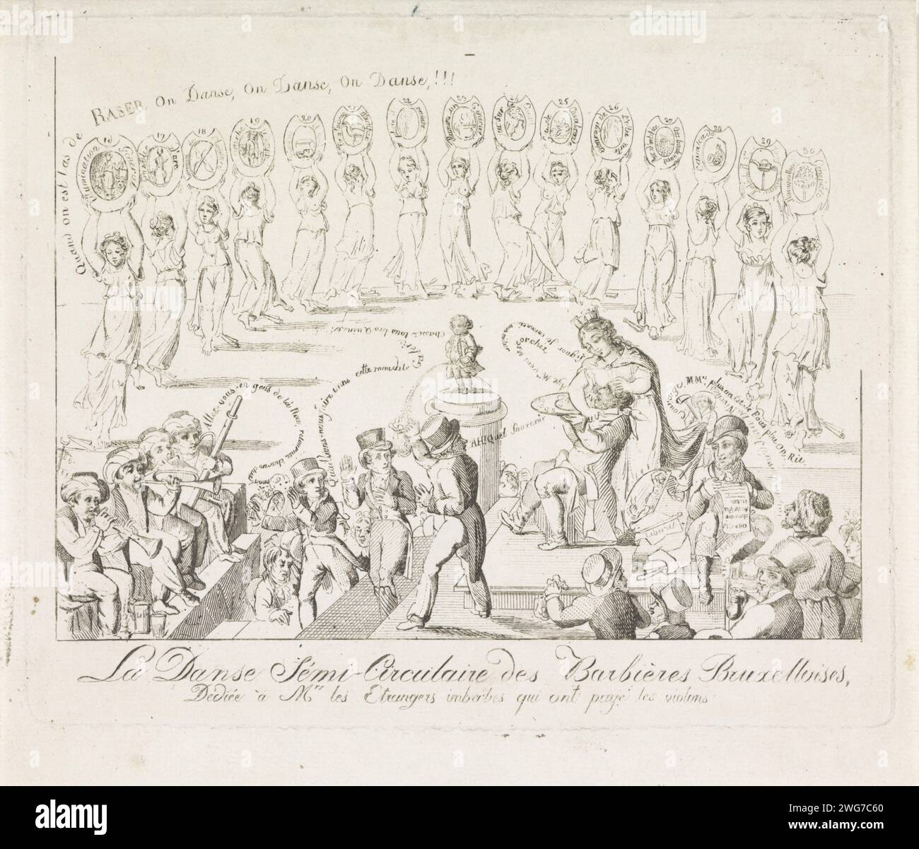 Cartoon on the departure of foreigners came to Brussels for the celebration of the 450th anniversary of the Sacrament van Mirakel, 1820, Anonymous, 1820 print Various foreign visitors (tourists) are shaved and robbed by the Brussels Stedensmaag. Manneken Pis plasts in the empty money bag of an already shaved man. In the background a row of dancing women with shaving basins in their hands. On the left a group of musicians dressed as Arabs. The visitors had come to Brussels for the celebration of the 450th anniversary of the Sacrament van Mirakel, 16-30 July 1820. Belgium paper etching / engravi Stock Photo