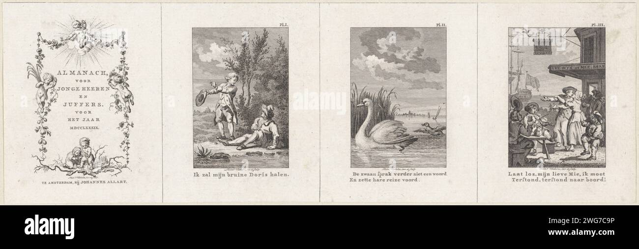 Title page for: Almanach, For Young Heeren and Juffers, 1789 / Men at a Beek / Zwaan / Farewell in the Haven, Reinier Vinkeles (I), 1789 print Title page and three illustrations of an album for: Almanach, For Young Heeren and Juffers, 1789. The first illustration depicts two young men in a water. The second performance shows a swan on a lake. On the last illustration there is a harbor face with a man who says goodbye to his wife. Amsterdam paper etching / engraving water-birds: swan. warming oneself at a fire (or hearth, stove, fire-pan, brazier). river. harbour. inn, coffee-house, public hous Stock Photo