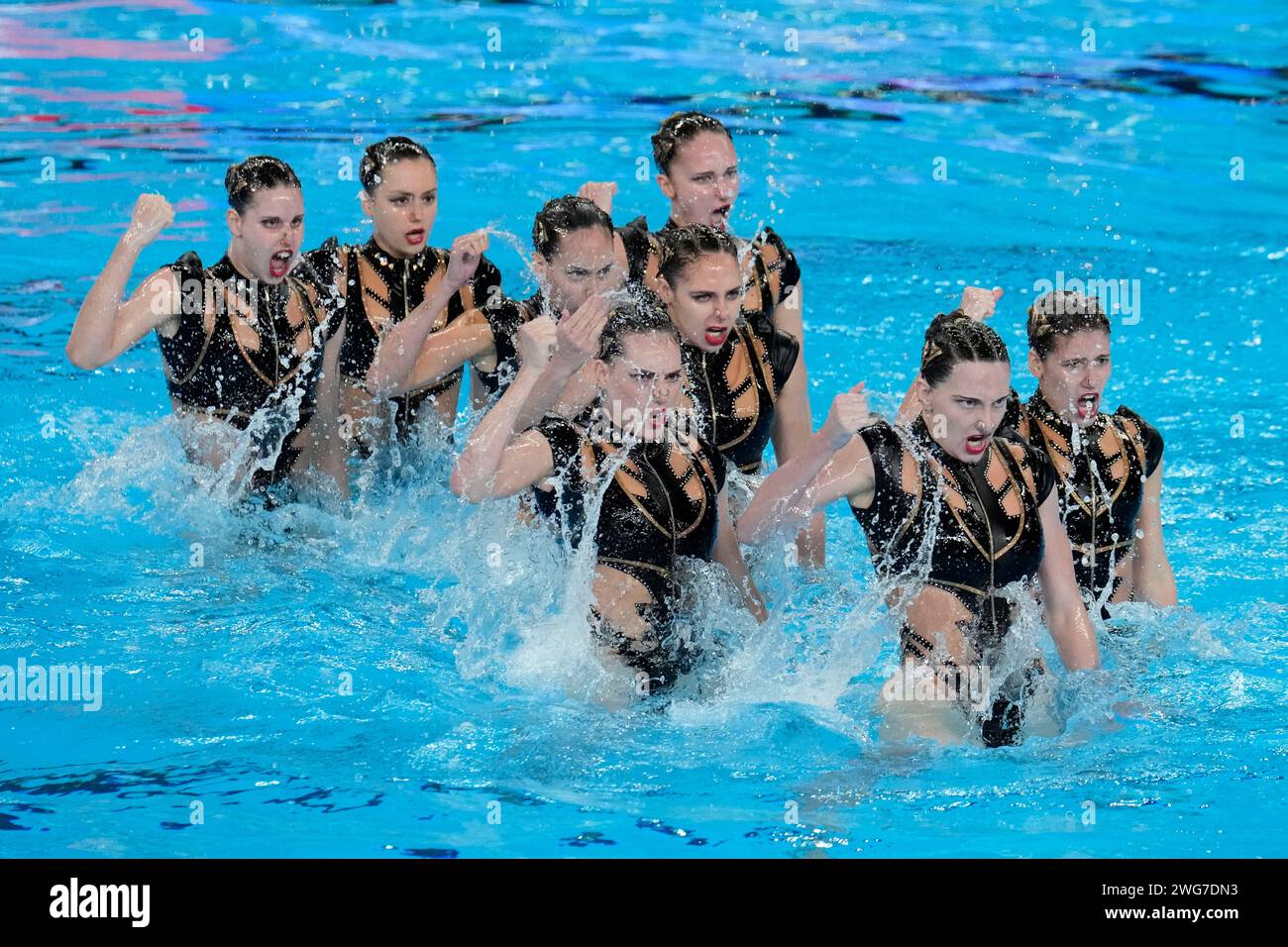 Spain team compete in the mixed team acrobatic of artistic swimming at the World Aquatics