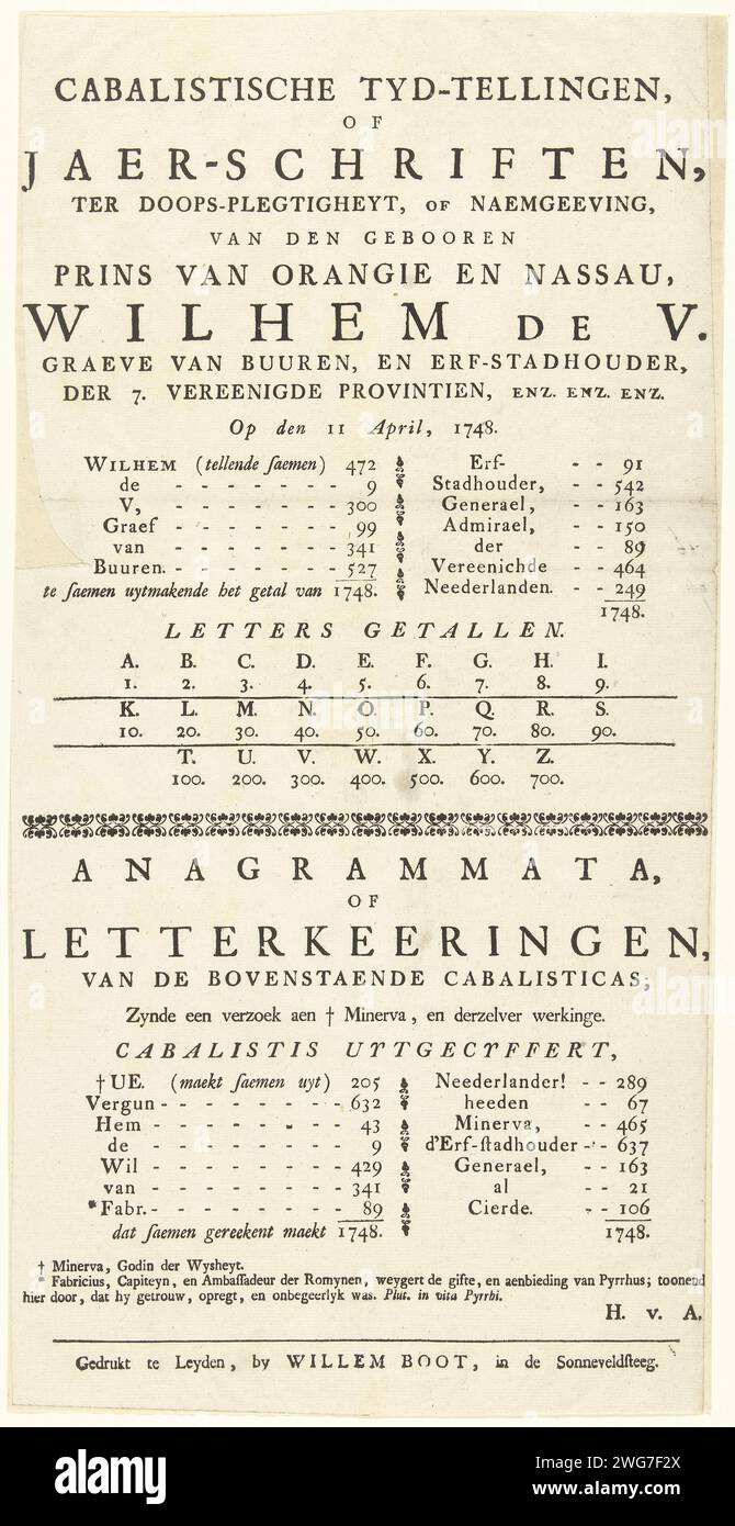 Kabbalistic counts on the occasion of the baptism of Prince Willem V, 1748, 1748 text sheet Text sheet with various kabbalistic counts composed on the occasion of the baptism of Prince Willem V on 11 April 1748 in The Hague. Leiden paper letterpress printing Stock Photo