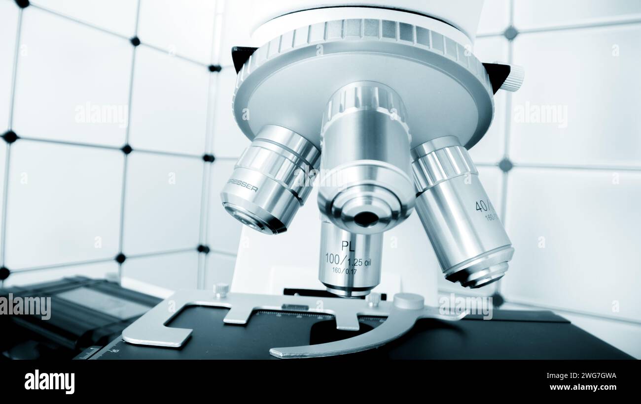 Microscope and Scientific Equipment in a Research Laboratory Stock Photo
