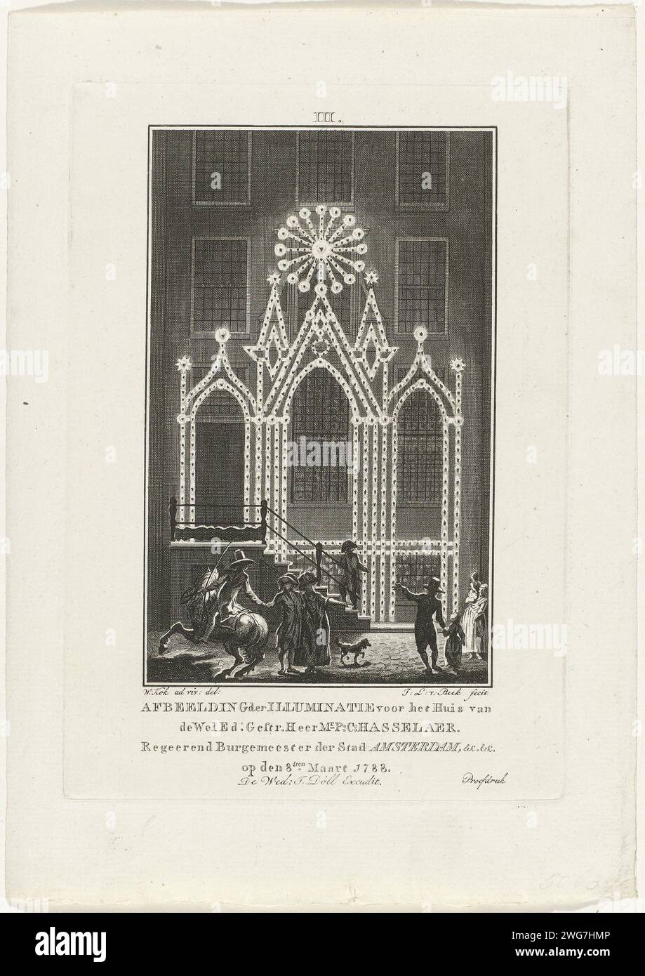 Illumination of the house of mr. P.C. Hasselaer in Amsterdam, 1788, Jan Lucas van der Beek, After Willem Kok, 1788 print Illumination applied to the facade of the house of Pieter Cornelis Hasselaer, mayor in Amsterdam. Numbered at the top: III. Part of a series of twelve records of the Illuminations and Decorations in Amsterdam on the 40th birthday of Prince Willem V on March 8, 1788. Amsterdam paper etching / engraving bonfire, fire-works (+ illumination, fire-works  festive activities) Amsterdam Stock Photo