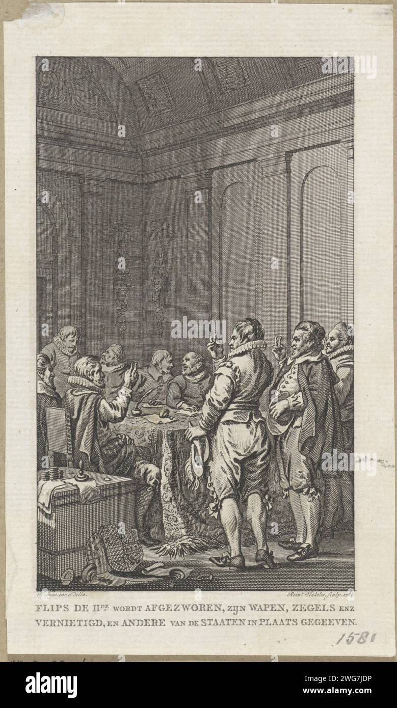 The renouncement of Philip II by the States, 1581, Reinier Vinkeles (I), After Jacobus Buys, 1786 print The renouncement of the Spanish king Philip II by the States, July 26, 1581. Interior in which members of the States General take the oath. On the ground the broken weapon and stamps of Philip II. Amsterdam paper  swearing an oath (with two fingers raised). involuntary abdication (of a ruler) Stock Photo