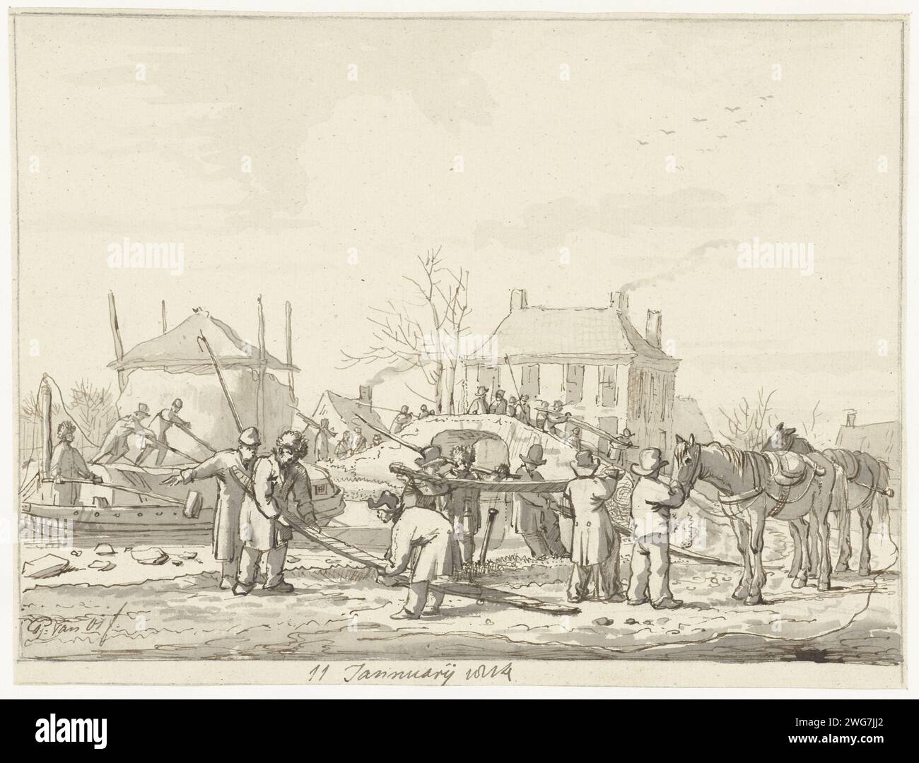 Karnemelksloot in Naarden, January 11, 1814, Pieter Gerardus van Os, 1814 drawing The Karnemelkloot in Naarden, January 11, 1814. Civilians and soldiers are busy with the bridge. On the right a few horses, on the left a hooischuur. Related to the siege of the French troops in Naarden by the Dutch army, with the help of the Cossacks, November 1813 - May 1814. Netherlands paper. ink. pencil pen / brush  Naarden. Buttermilk ditch Stock Photo